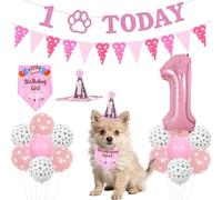 Funmemoir Décorations pour 1er anniversaire de fille - Chapeau rose pour 1er anniversaire, bandana, bannière d'empreintes de pattes, ballons, 1 ballon en aluminium en forme de chiffre pour chien