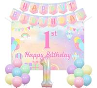 Funmemoir Décorations pour premier anniversaire de filles arc-en-ciel - Toile de fond « Happy 1st Birthday », bannière, 1 ballon en aluminium en forme de chiffre et ballons pastel pour décorations de