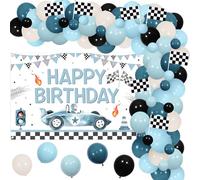 Funmemoir Kit de décorations de fête d'anniversaire en forme de voiture de course bleue avec toile de fond « Happy Birthday » et drapeaux à carreaux Let's Go Racing Fast One Two Fast Two Curieux