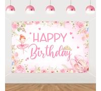 Funmemoir Toile de fond « Happy Birthday » de 1,5 x 0,9 m, décorations d'anniversaire pour filles, bannière de fond rose sur le thème des ballerines florales, bannière pour photo de 1ère, 2e, 3e, 4e
