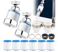 Funmo Lot de 2 robinets filtrants rotatifs à 360 ° - Pour eau potable - Avec 6 éléments filtrants en coton PP - 4 embouts de détartrage pour robinet
