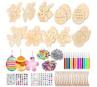 Funmo Lot de 264 pendentifs en bois de Pâques à peindre - Décoration de Pâques - Pour enfants - Lapin de Pâques - Œufs de Pâques - Poussin - Avec stylo aquarelle - Strass - Cordon décoratif - Yeux