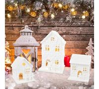 Funmo Village de Noël avec éclairage - Lot de 3 maisons en bois - Maisons de Noël avec lumières - En bois - Piles incluses - Décoration d'hiver