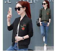 FUNMOON Blouson Femmes Bomber Aviateur Col Montant Brodé Fleuri Zippé Manche Longue Grande Taille Automne Noir L