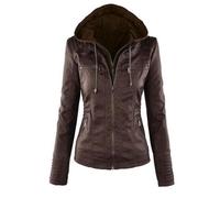 FUNMOON Blouson Femmes Bomber En Simili Cuir Fermeture Éclair Motard Hooded Tops Capuche Court Moto XL