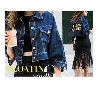 FUNMOON Blouson Femmes Courte En Jean Style Bf Imprimés Mots-Emilie Vogue S