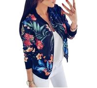 FUNMOON Blouson Femmes Minetom Mode Chic Casual Fleur Imprimé Manches Longues Zippé Bomber Outwear Court XS