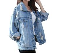 FUNMOON Blouson Femmes Minetom Printemps Automne Classique Bleu Denim Élégant Bouton En Jeans Retro Manches Longues L
