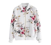 FUNMOON Blouson Femmes Rétro Impression Florale Fermeture Eclaire Bomber Outwear Casual Coat Blanc XL