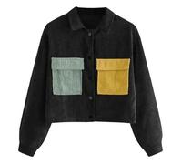 FUNMOON Femmes veste - Vareuse - Casaque - Blazer Manches Longues Mode Féminine Poches Du Contraste Du Panneau Avant Bouton En M