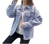 FUNMOON Manteau Femmes Bouton Manches Longues Perles Perles Denim Ouvert Avant Jean Pardessus M
