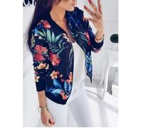 Funmoon Minetom Femme Manteau Veste Mode Chic Casual Fleur Imprimé Manches Longues Zippé Blouson Bomber Outwear Court XS