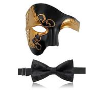 FunMular Demi-masque vénitien pour homme avec nœud papillon, fantôme de l'opéra, masque vénitien pour fête d'Halloween (noir doré 2)