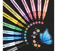 Funnasting Marqueurs Métalliques Feutres, 12 Couleurs Feutre Metallique pour Album Photo Scrapbooking Materiel, Stylo Feutre pour Porcelaine,La Peinture CéRamique, Verre, Pierre, DéCoration En Bois