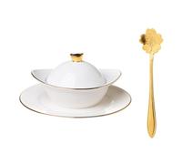FUNNETOYU Bol à Dessert en Céramique Blanc Cuillère et Assiette, Accessoire Cuisine pour Mousse, Gelée et Œufs Cuits Vapeur, Set de 1 pour Maison et Restaurant
