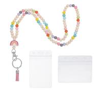 FUNNETOYU Lanière Porte-badge Bois 3 Pièces avec Cordon Perles Bois Colorées, Porte-cartes Transparent Vertical et Horizontal, Tour de Cou Porte-clés Multifonction pour Badge Enseignant