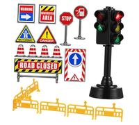 FUNNETOYU Mini Traffic Signs Set with Roadblock Cones Sticker Signs and Large Light Traffic Lamp Safe Plastic Educational Toy for Parent Child Interaction and Indoor Outdoor Play