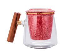 FUNNETOYU Tasse à Thé en Verre 400 Ml Infuseur en Céramique Manche en Bois Antidérapant Couvercle Protecteur pour Bureau et Thé Café Lait Boisson Chaude Couleur Rouge Gemme