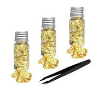 Funngy Feuille d'or Papier,3 Bouteilles de Feuilles d'or Décoratifs Paillette Feuille d'or Or Leaf Flakes Décoratif Papier avec Pince à épiler pour Artisanat Décoration et Bijoux en Résine