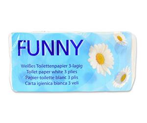 Funny AG-014 Papier toilette, 3 épaisseurs, 250 feuilles, 9,5 cm x 11 cm, blanc, paquet unique de 8 rouleaux