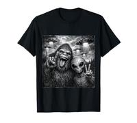 Funny Alien and Bigfoot Selfie UFO Rock on Sign Sasquatch T-Shirt