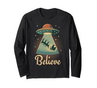 Funny Alien Christmas Believe UFO Santa Abduction Men Women Manche Longue