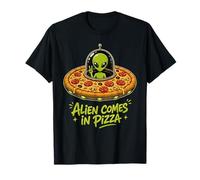 Funny Alien Comes in Pizza OVNI Extraterrestre Hommes Femmes T-Shirt