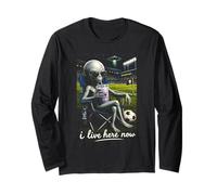 Funny Alien Soccer I Live Here Meme Boba Tea Design Manche Longue