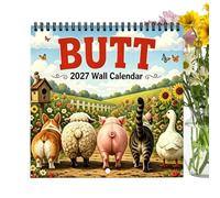 Funny Animal Cute Calendar - 12 Monthly Butt Theme, Paper Planner, Writable | Thick Premium Uncoated Paper With Adorable Full-Color Animal Rear Illustrations, Ample Write-In Grid Blocks Hole For Fam