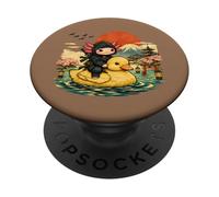 Funny Axolotl Ninja Riding Duck Cute Animal Humour Design PopSockets PopGrip Adhésif