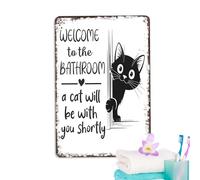 Funny Bathroom Decor - Welcome To The Bathroom, Batħroom Wall Art, Door Sign Welcome People, Black Cat Metal Tin Sign For Restroom Or Toilet Decor, 20x30cm