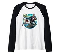 Funny Bigfoot Riding a Shark : Hilarous Sasquatch Manche Raglan