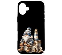 Funny Boat Captain GNOME on Vintage Suitcase and Lighthouse Coque pour iPhone 16 Plus