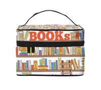 Funny Book Shelf Collection and Ladder Print Portable Travel Makeup Case Versatile Zipper for Makeup Bag Large Capacity Polyester, Black, One Size, Noir/blanc, One Size