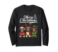 Funny Boxer Dog Reindeer Elf Santa Hat Merry Christmas Xmas Manche Longue