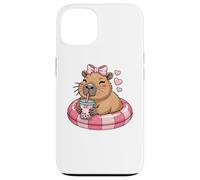 Funny Capybara on Pool Float Drinking Boba Bubble Tea Coque pour iPhone 13