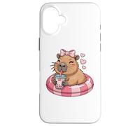 Funny Capybara on Pool Float Drinking Boba Bubble Tea Coque pour iPhone 16 Plus