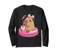 Funny Capybara on Pool Float Drinking Boba Bubble Tea Manche Longue