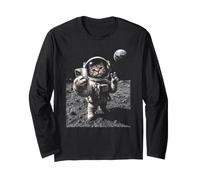Funny Cat Astronaute Moon Landing Victory Selfie avec Terre Manche Longue