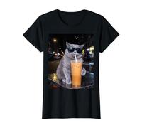 Funny Cat British Shorthair Buvant du café glacé Chat drôle T-Shirt Graphique avec Valeur