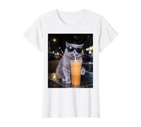 Funny Cat British Shorthair Buvant du café glacé Chat drôle T-Shirt Graphique avec Valeur