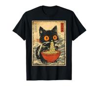 Funny Cat Eating Ramen with Great Wave Japanese Noodle T-Shirt