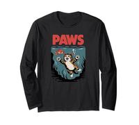 Funny Cat Paws Parody Design - Cute Kitten & Fish Cartoon Manche Longue