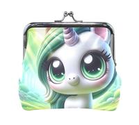 Funny Cat Porte-monnaie en cuir beige avec verrou pour femme 11,4 x 10,4 cm, Licorne verte mignonne, one size, Licorne verte mignonne
