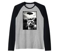 Funny Cat Selfie with UFOs - Cute Cat Joke UAPs Manche Raglan
