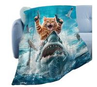 Funny Cat Shark Blanket - Cat Riding Shark Blankeet | Cats Riding on Sea Ultra Soft Throw Blankeet | Ultra Soft Throw Blanket | Home Decor for Sofa Couch Chair, Large Bed Blankets for Travel Pi