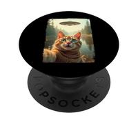 Funny Cat UFO Encounter Hilarious Cat Selfie Aliens PopSockets PopGrip Adhésif