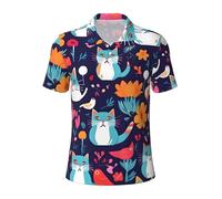 Funny Cats Birds and Flowers Polo en coton à manches courtes décontracté pour homme Chemise de golf à col classique avec, Noir , 4XL
