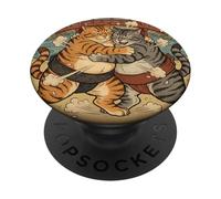 Funny Cats Sumo Wrestling Art Japonais Anime Ukiyo-e Graphic PopSockets PopGrip Adhésif