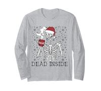 Funny Christmas Skeleton Drinking Coffee Skull Dead Inside Manche Longue